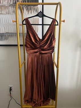 Maison Tara Copper-Brown Satin Pleated Maxi Dress